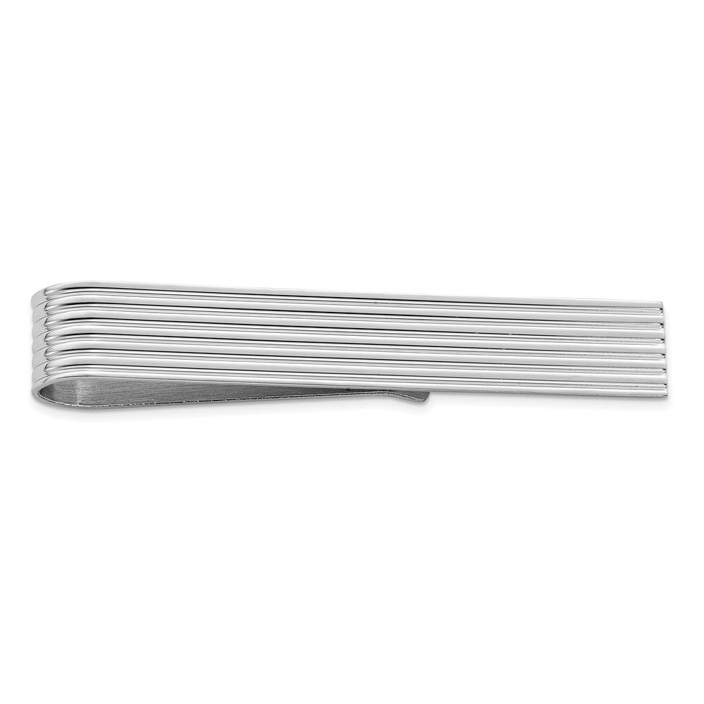 Rhodium Plated Sterling Silver Grooved Striped Tie Bar, 7 x 51mm, Item M11389 by The Black Bow Jewelry Co.