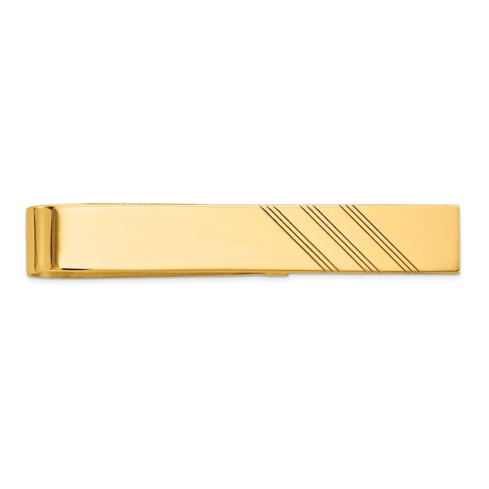14K Yellow Gold Polished & Diagonal Stripe Tie Bar, 8 x 50mm, Item M11394 by The Black Bow Jewelry Co.