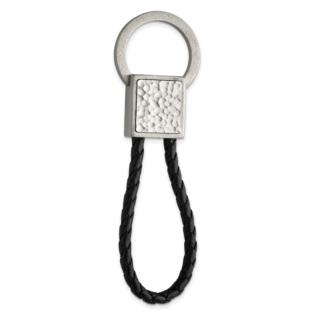 Stainless Steel & Black Leather Brushed & Hammered Key Chain, Item M11406 by The Black Bow Jewelry Co.