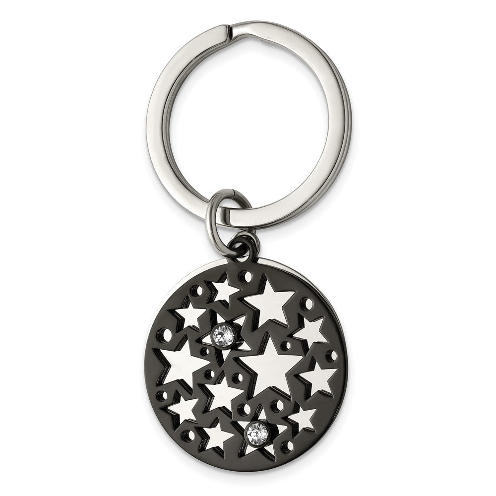Stainless Steel & Crystal, Polished & Black Plated 2 Pc Star Key Chain, Item M11425 by The Black Bow Jewelry Co.