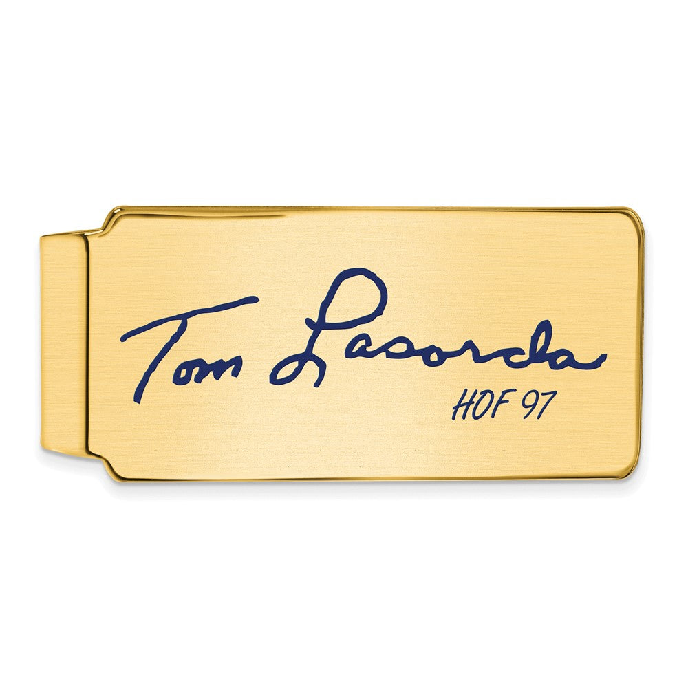 14K Gold Plated Silver Tom Lasorda HOF Epoxy Signature Money Clip, Item M11689 by The Black Bow Jewelry Co.