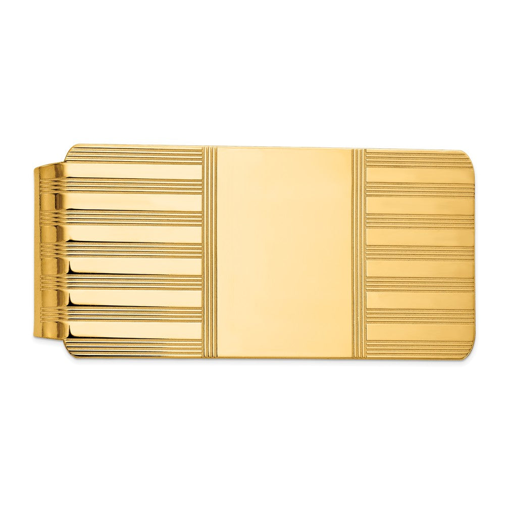 Men's 14k Yellow Gold Striped Engravable Center Fold-Over Money Clip, Item M8161 by The Black Bow Jewelry Co.
