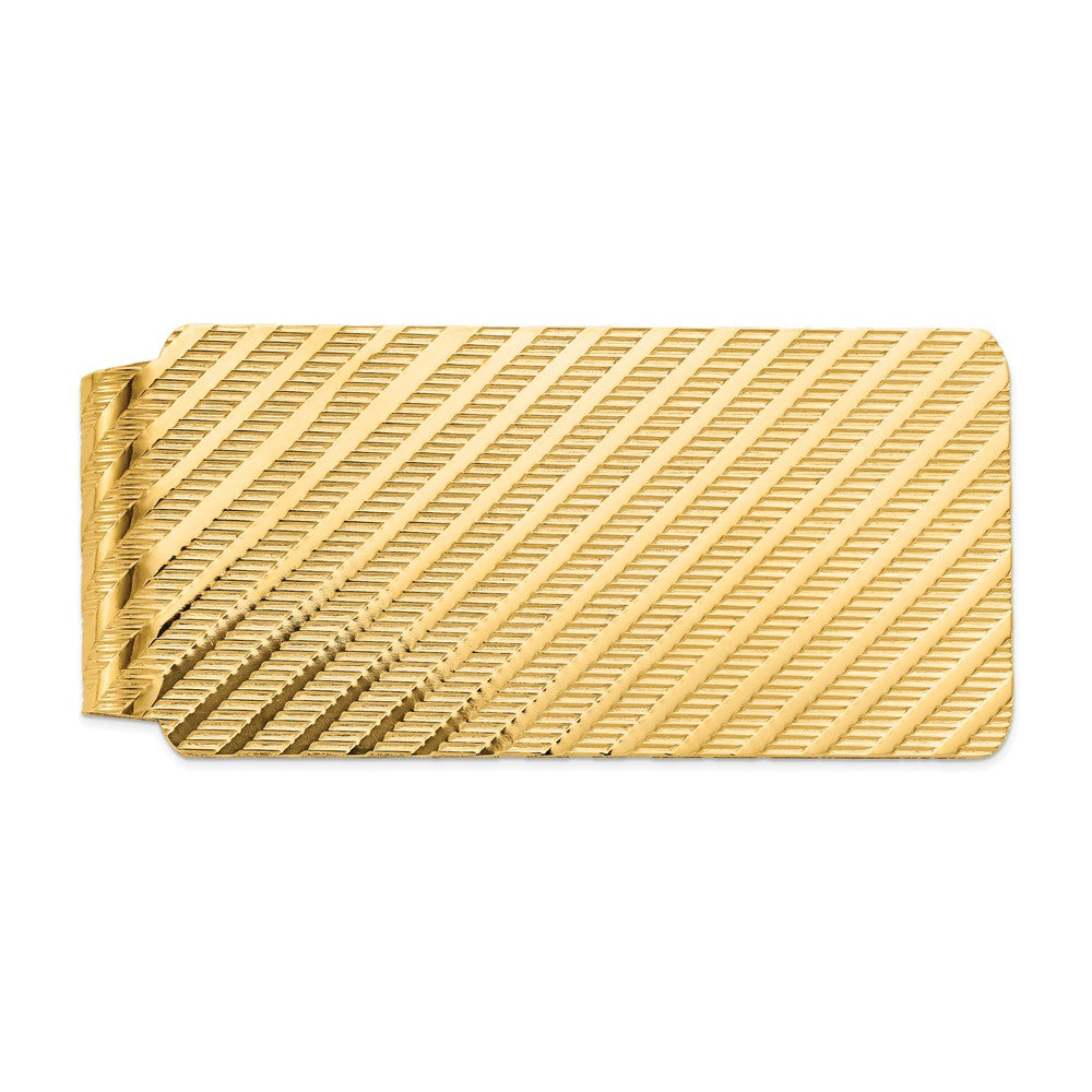 Men's 14k Yellow Gold Diagonal Textured Striped Wide Money Clip, Item M8166 by The Black Bow Jewelry Co.