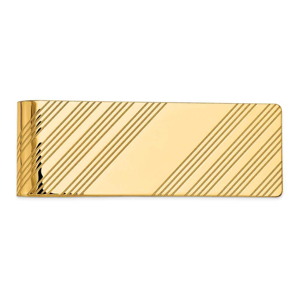 Men's 14k Yellow Gold Diagonal Striped Engravable Center Money Clip, Item M8173 by The Black Bow Jewelry Co.