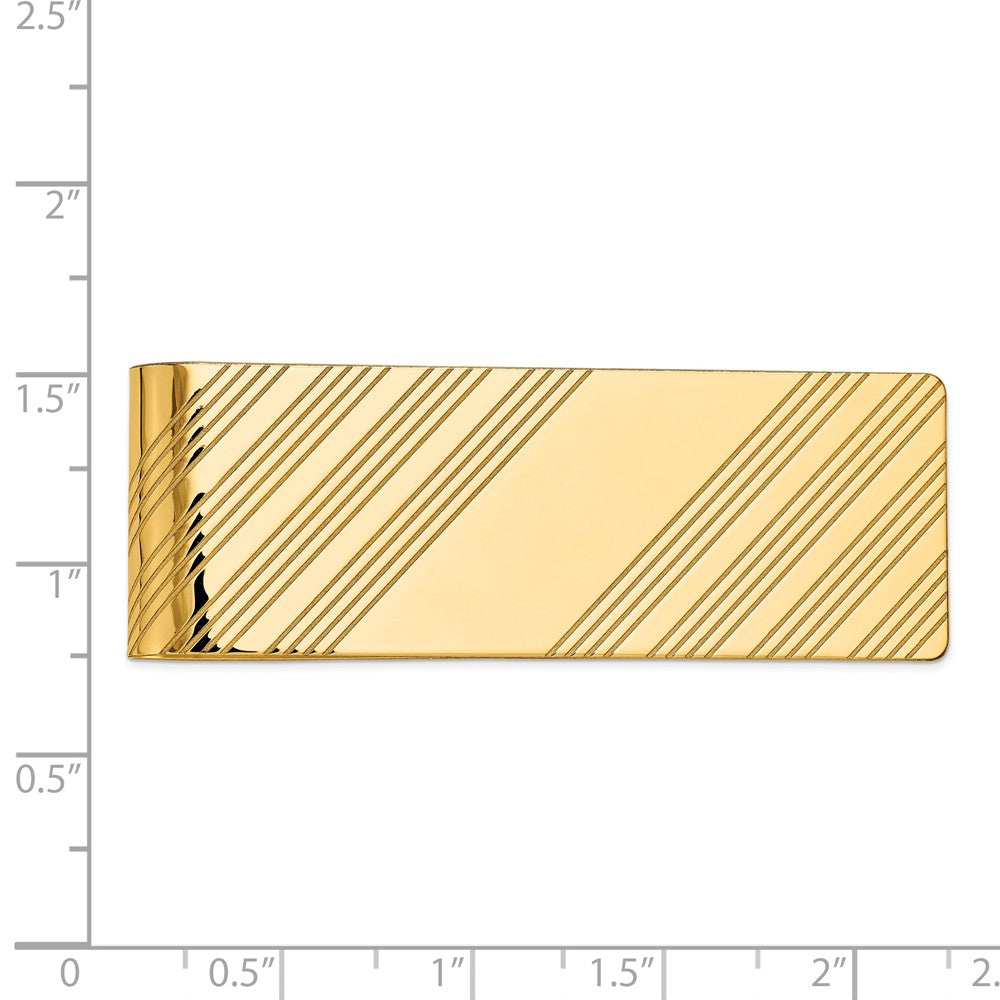 Alternate view of the Men's 14k Yellow Gold Diagonal Striped Engravable Center Money Clip by The Black Bow Jewelry Co.