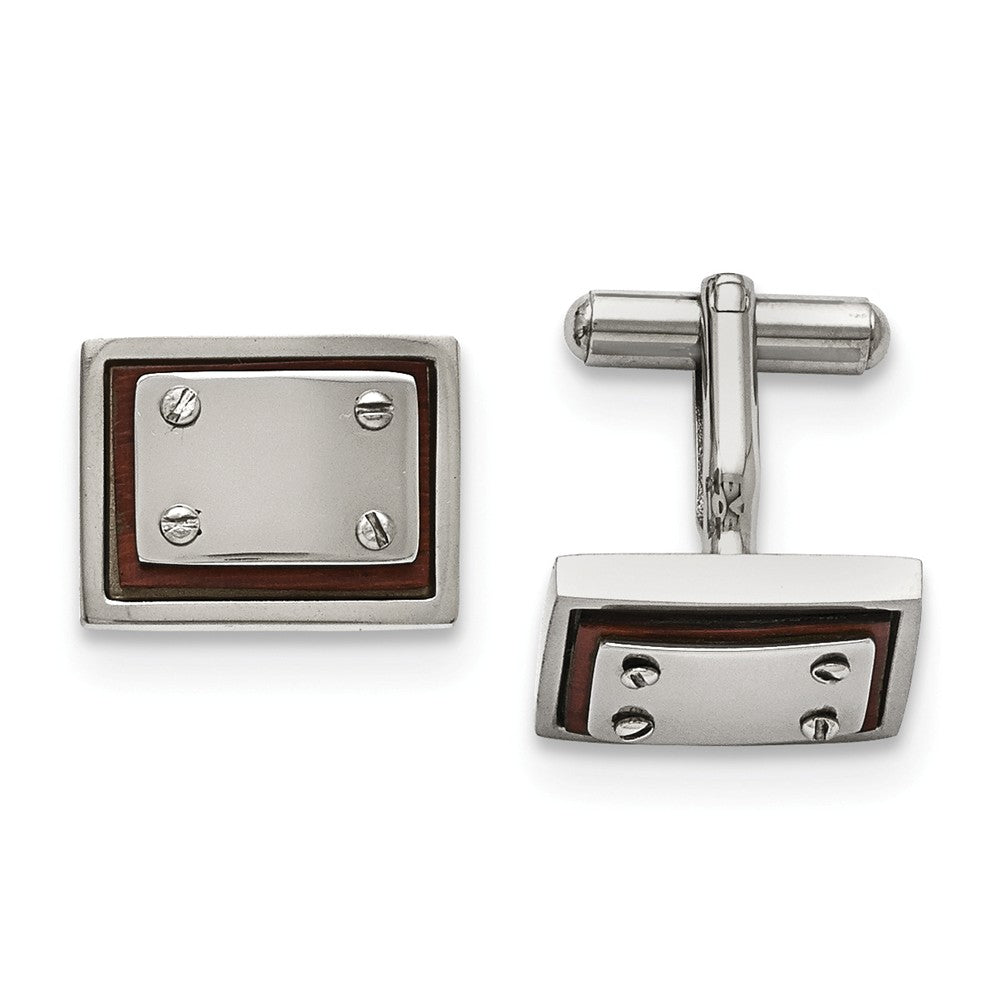 Men's Stainless Steel and Wood Inlay 20mm Rectangular Cuff Links, Item M8212 by The Black Bow Jewelry Co.