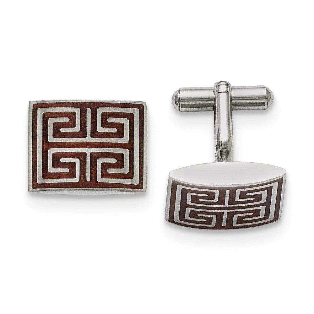 Men's Stainless Steel and Wood Inlay Greek Key Rectangular Cuff Links, Item M8216 by The Black Bow Jewelry Co.