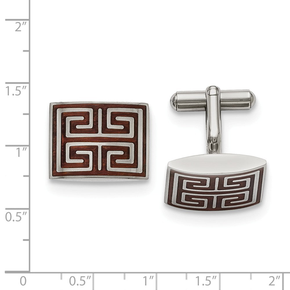 Alternate view of the Men's Stainless Steel and Wood Inlay Greek Key Rectangular Cuff Links by The Black Bow Jewelry Co.