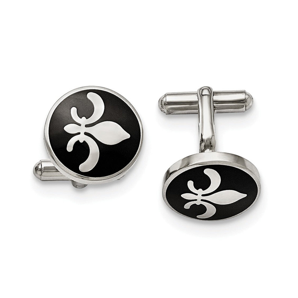 Men's Stainless Steel & Black Enamel 18mm Rnd Fleur de Lis Cuff Links, Item M8219 by The Black Bow Jewelry Co.