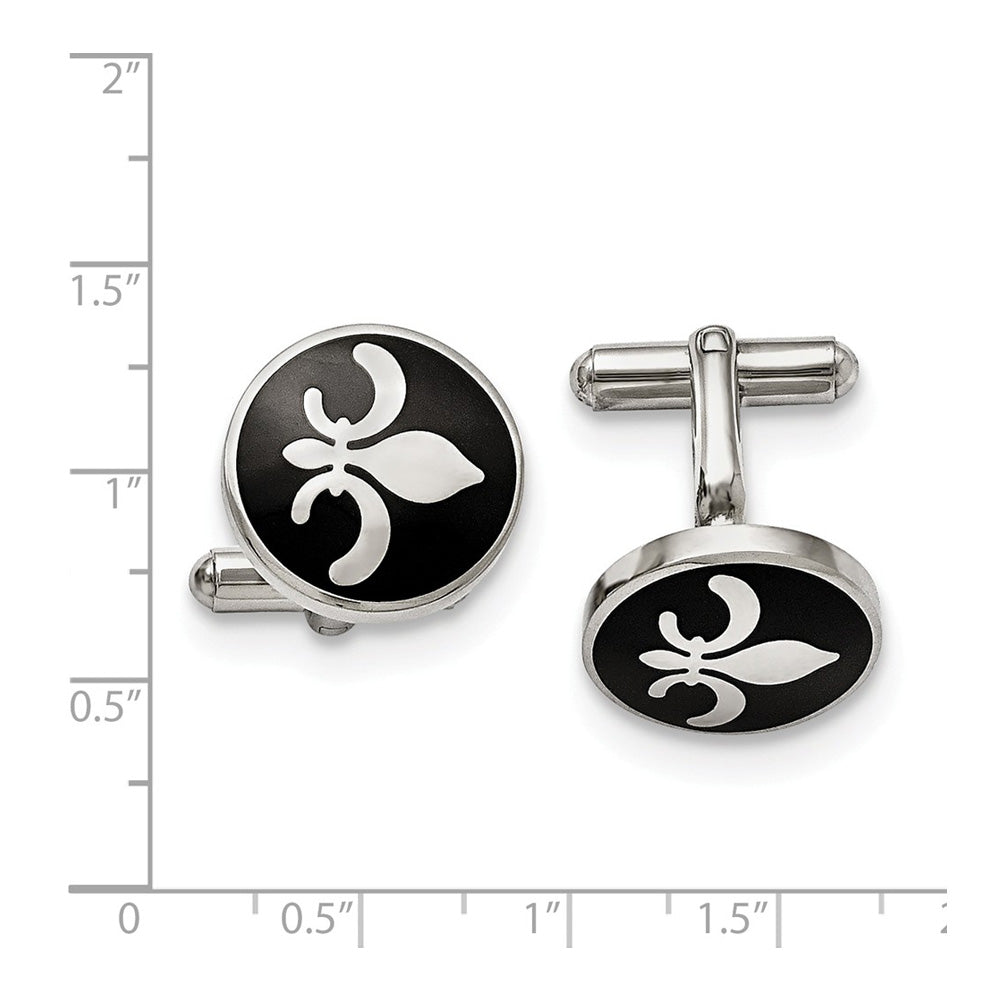 Alternate view of the Men's Stainless Steel & Black Enamel 18mm Rnd Fleur de Lis Cuff Links by The Black Bow Jewelry Co.