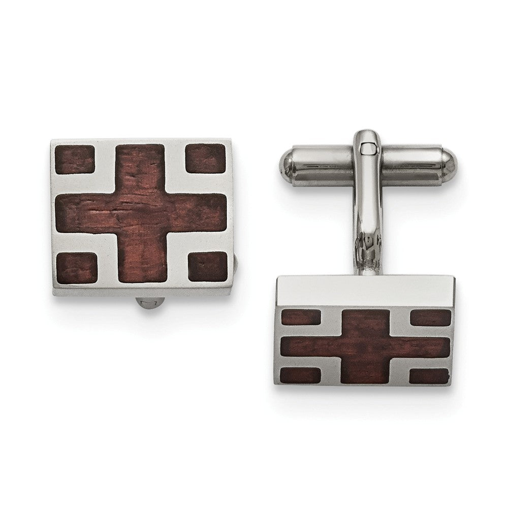 Men&#39;s Stainless Steel and Wood Inlay Cross Rectangular Cuff Links, Item M8220 by The Black Bow Jewelry Co.
