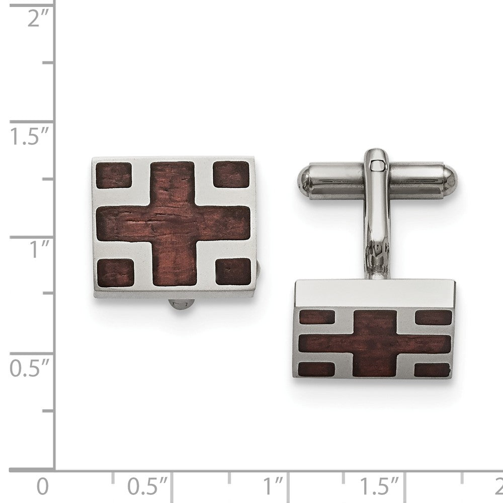 Alternate view of the Men&#39;s Stainless Steel and Wood Inlay Cross Rectangular Cuff Links by The Black Bow Jewelry Co.