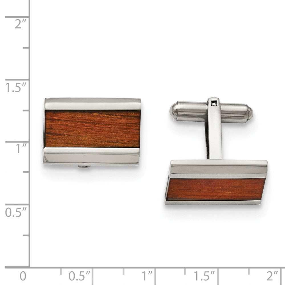 Alternate view of the Men's Stainless Steel and Red Wood Inlay Rectangular Cuff Links by The Black Bow Jewelry Co.