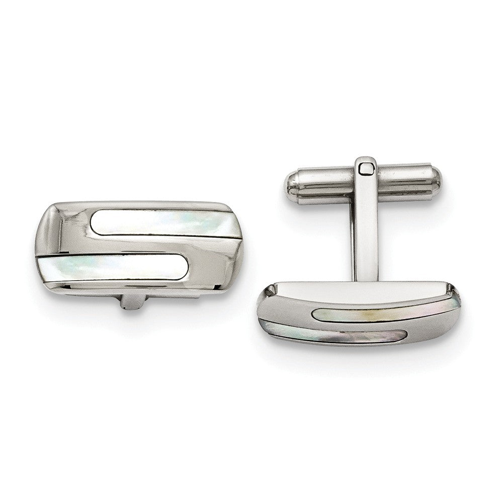 Men's Mother of Pearl and Stainless Steel Striped Cuff Links, Item M8226 by The Black Bow Jewelry Co.