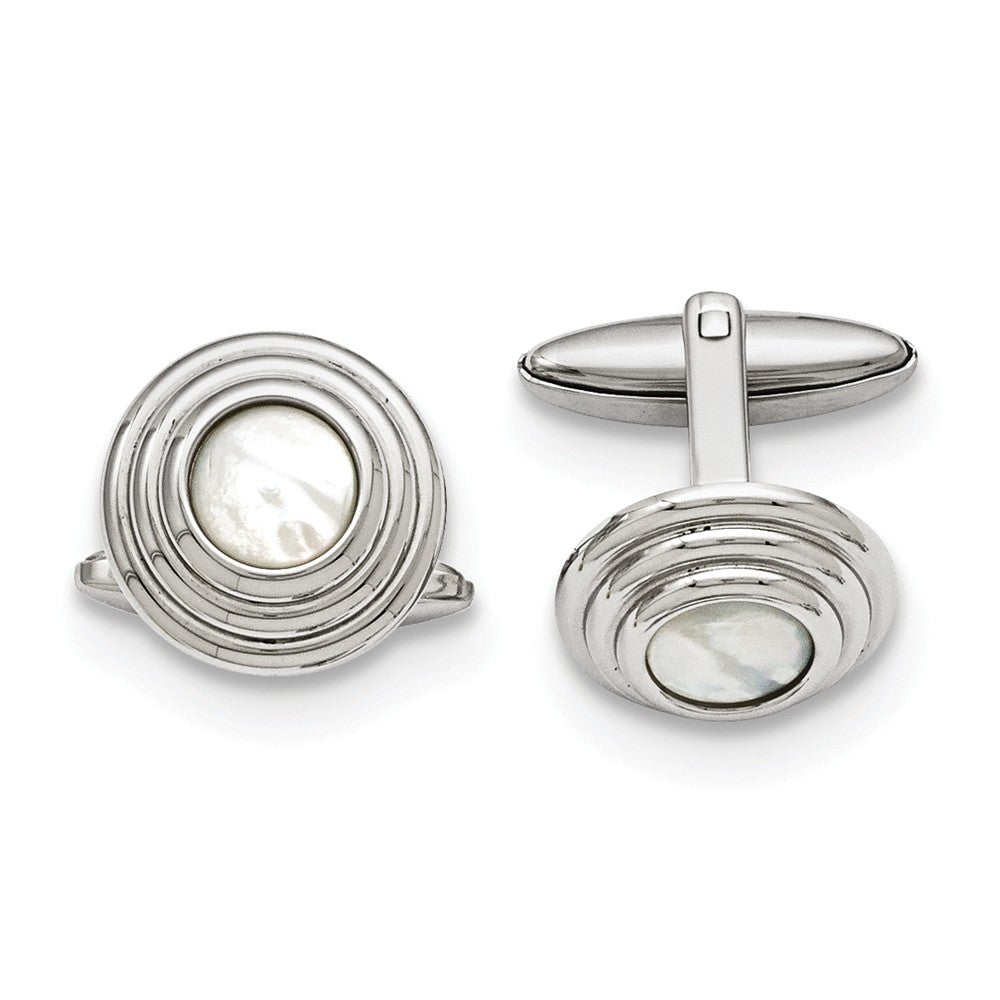 Men's Mother of Pearl and Stainless Steel 16mm Round Cuff Links, Item M8228 by The Black Bow Jewelry Co.