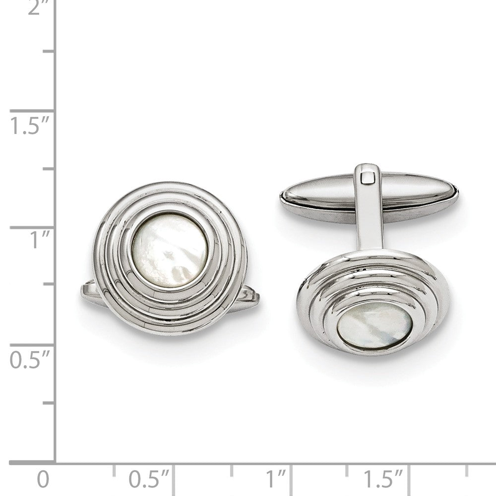 Alternate view of the Men's Mother of Pearl and Stainless Steel 16mm Round Cuff Links by The Black Bow Jewelry Co.