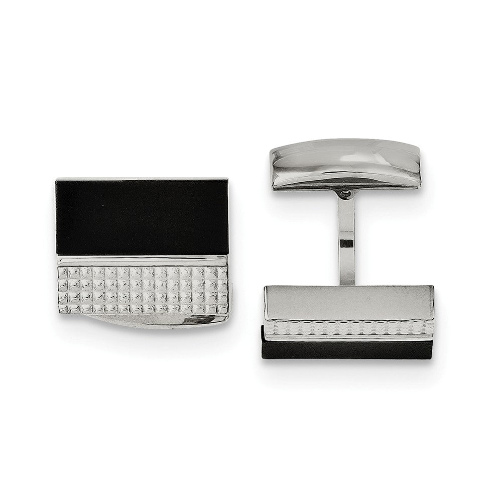 Men's Stainless Steel and Black Agate Textured Rectangular Cuff Links, Item M8231 by The Black Bow Jewelry Co.