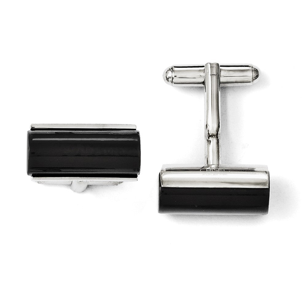 Men's Black Agate and Stainless Steel Cylindrical Cuff Links, Item M8232 by The Black Bow Jewelry Co.