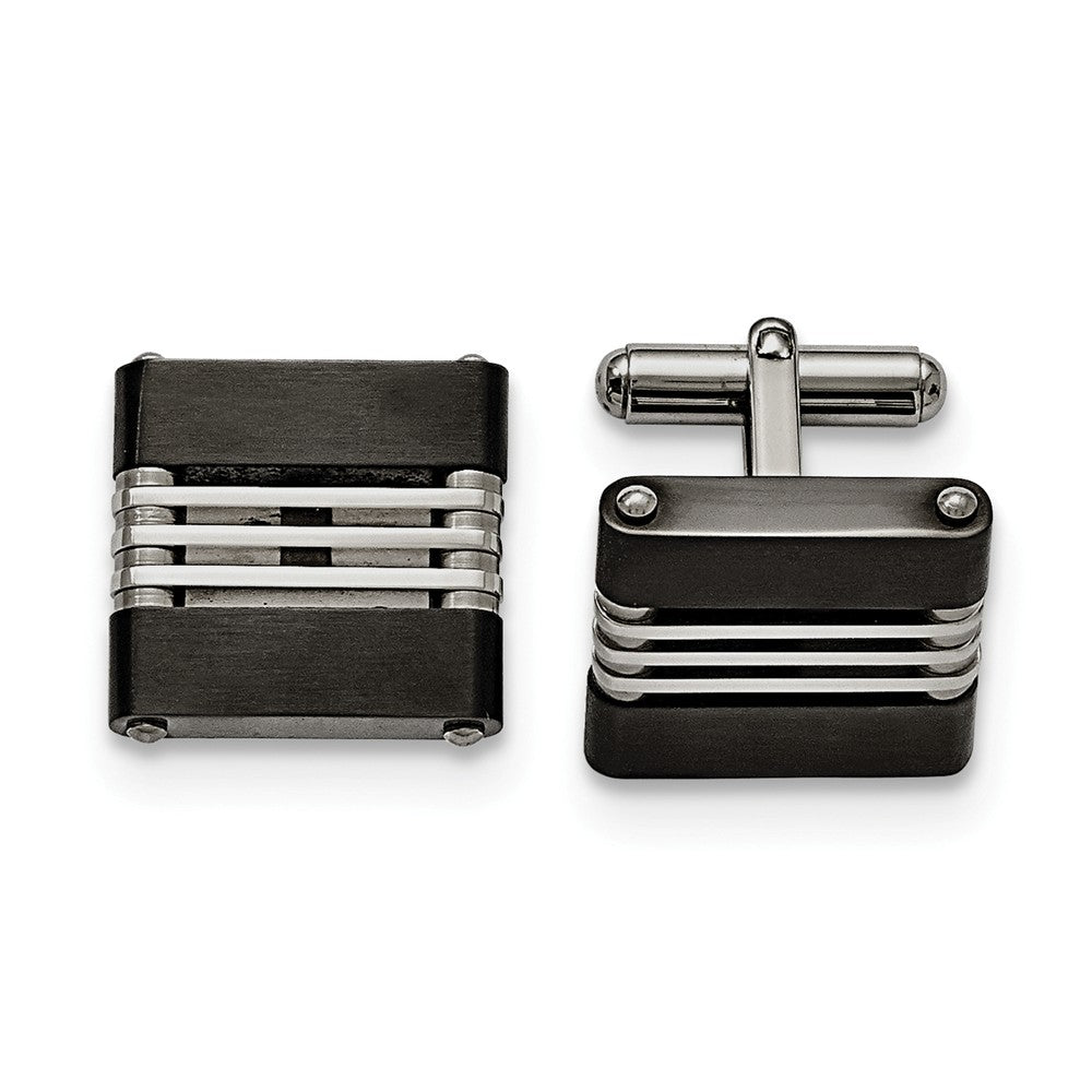 Men's Stainless Steel & Black Plated Brushed and Polished Cuff Links, Item M8248 by The Black Bow Jewelry Co.