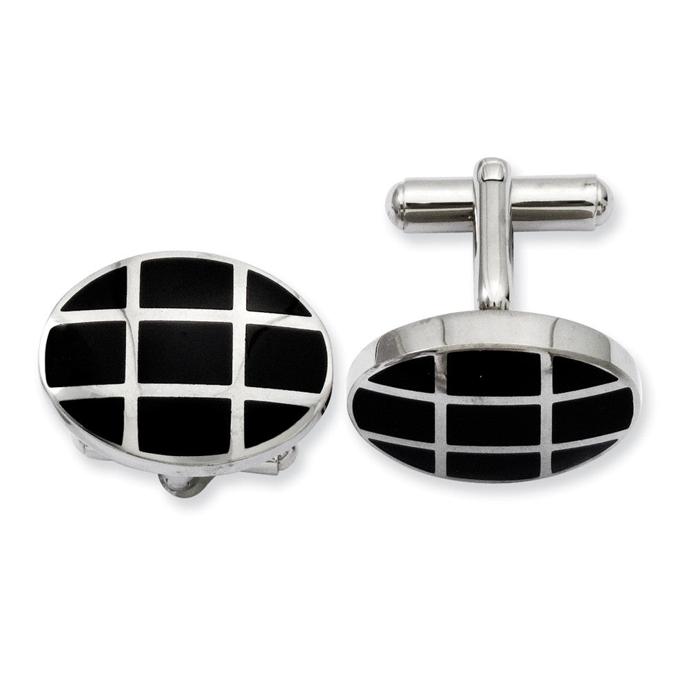 Men's Stainless Steel & Black Plated Oval Grid Cuff Links, Item M8257 by The Black Bow Jewelry Co.