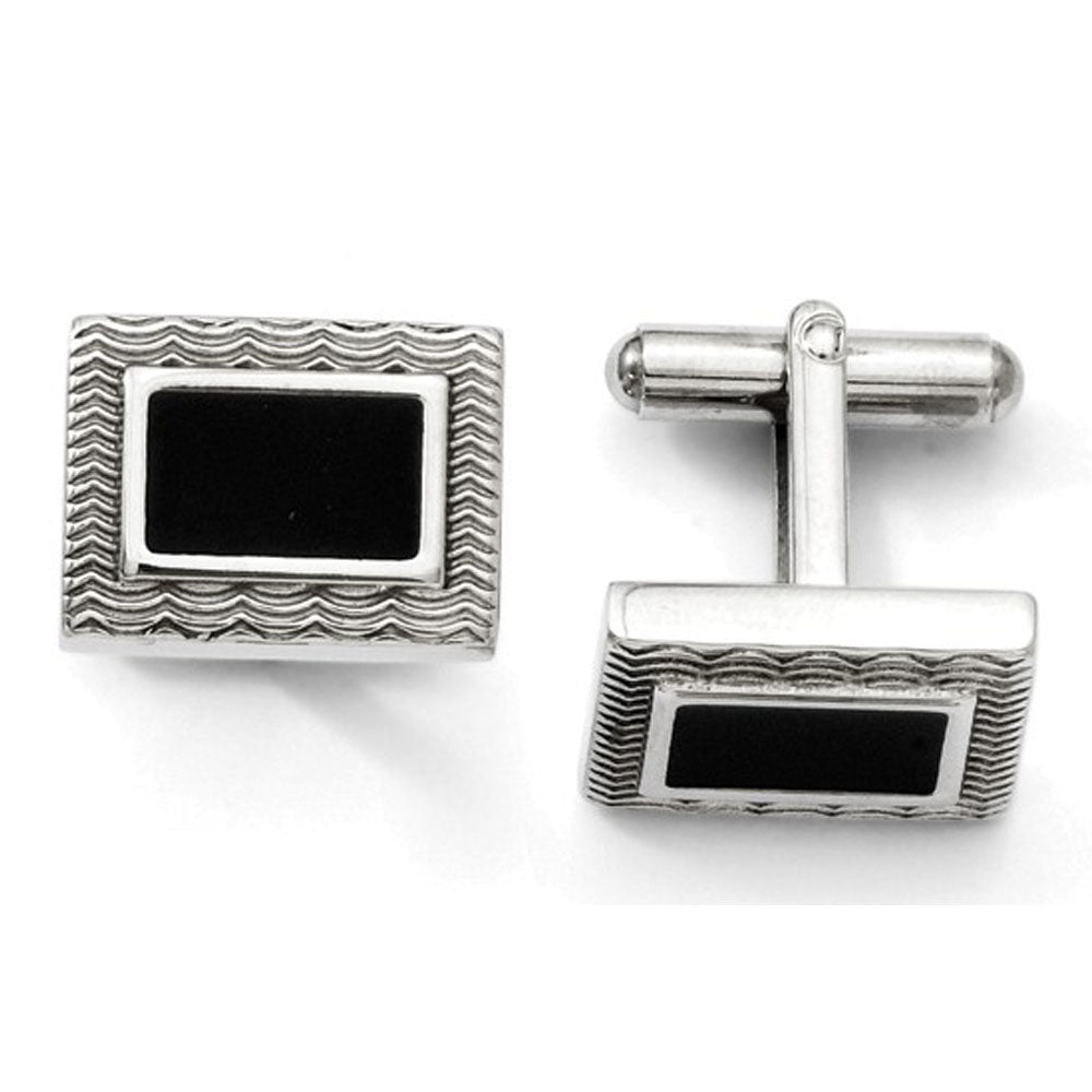 Men's Stainless Steel and Black Enamel Textured Wave Cuff Links, Item M8260 by The Black Bow Jewelry Co.