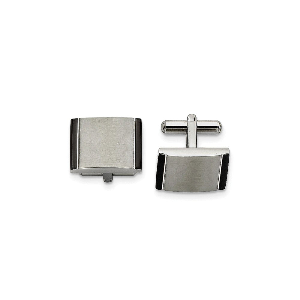 Men&#39;s Stainless Steel &amp; Black Acrylic Brushed Rectangular Cuff Links, Item M8270 by The Black Bow Jewelry Co.