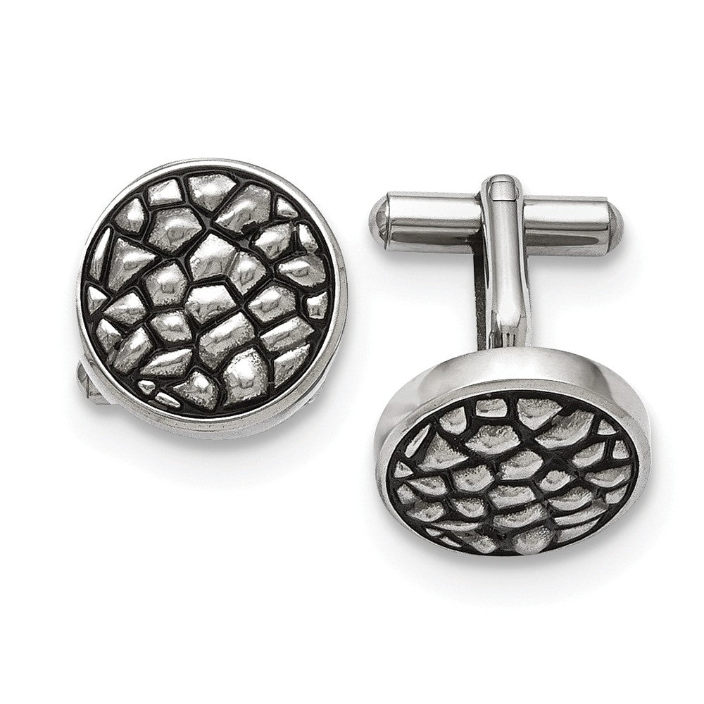 Men's Stainless Steel 18mm Round Antiqued Cobblestone Cuff Links, Item M8292 by The Black Bow Jewelry Co.
