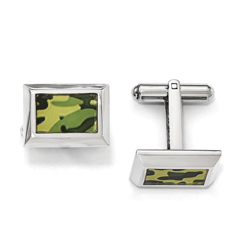 Men's Stainless Steel & Rubber Green Camouflage Rectangular Cuff Links, Item M8297 by The Black Bow Jewelry Co.