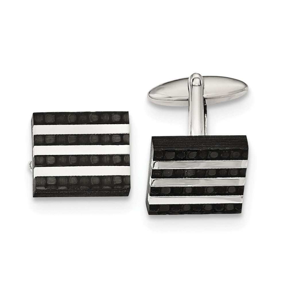Men's Stainless Steel & Blk Carbon Fiber Striped Rectangle Cuff Links, Item M8303 by The Black Bow Jewelry Co.