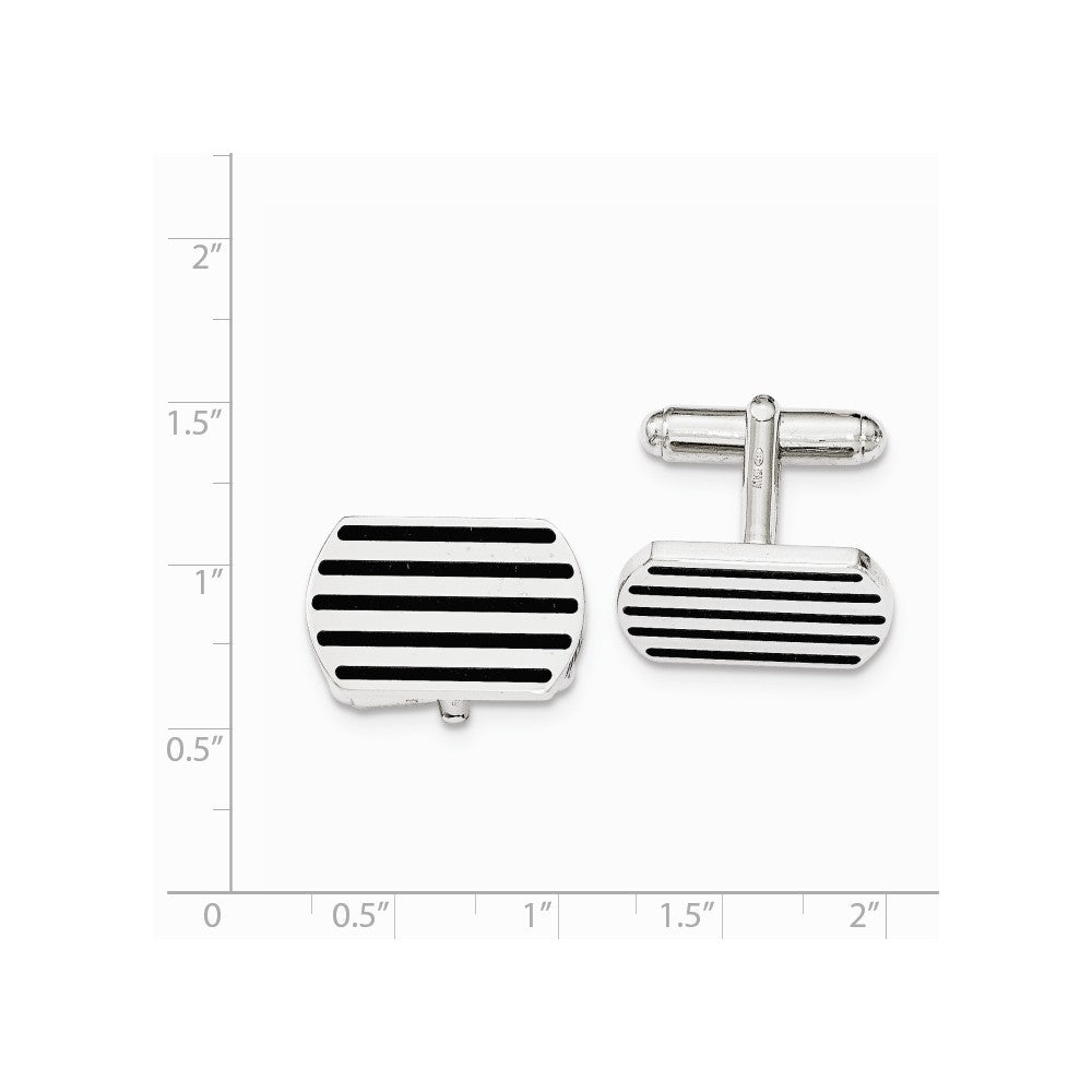 Alternate view of the Men's Sterling Silver & Black Rubber Polished Striped Cuff Links by The Black Bow Jewelry Co.