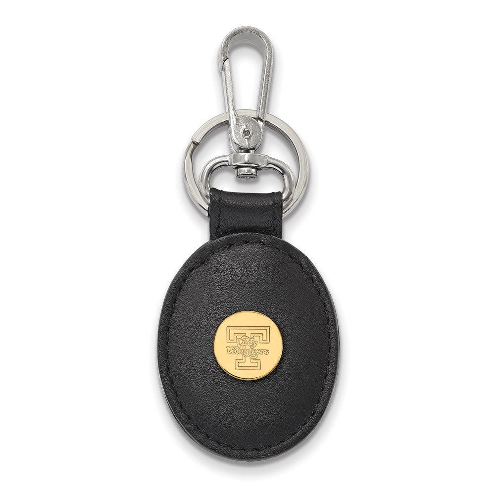 14k Gold Plated Silver U of Tennessee Black Leather Key Chain, Item M9456 by The Black Bow Jewelry Co.