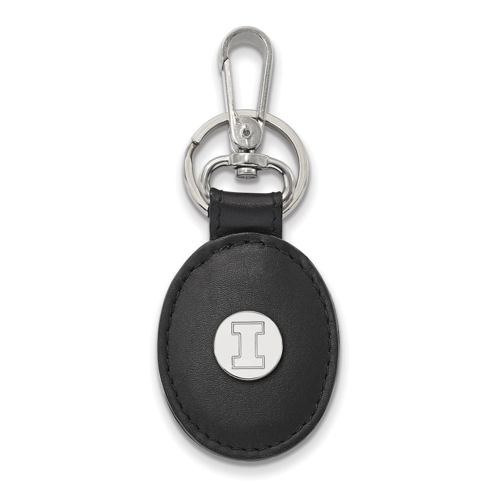 Sterling Silver U of Illinois Black Leather Logo Key Chain, Item M9507 by The Black Bow Jewelry Co.
