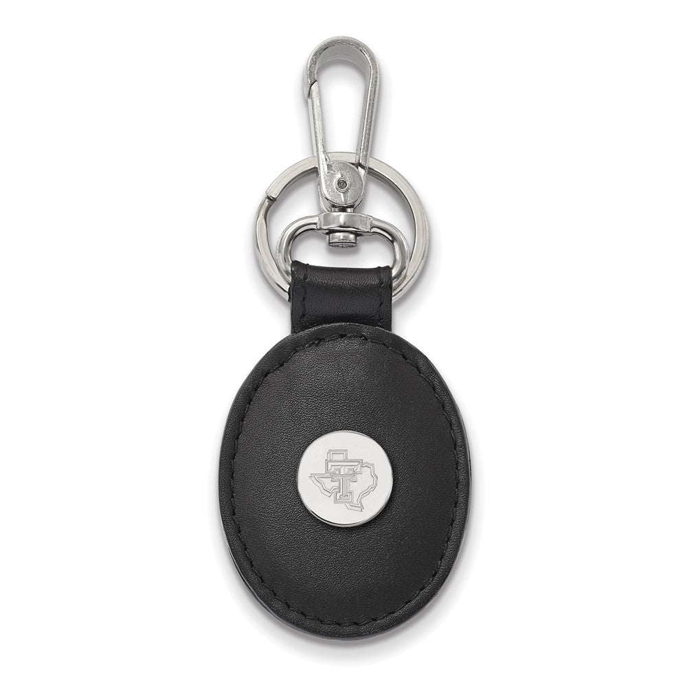 Sterling Silver Texas Tech U Black Leather Key Chain, Item M9577 by The Black Bow Jewelry Co.