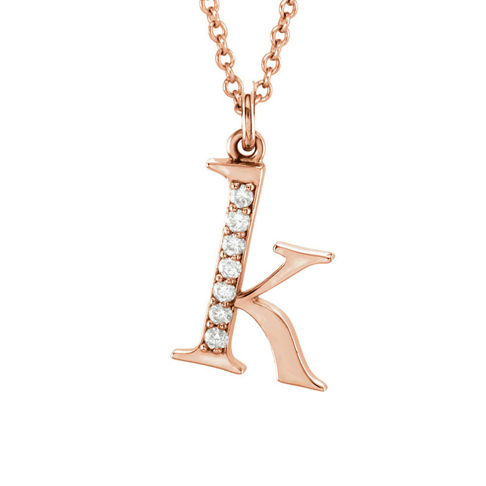 The Abbey 14k Rose Gold Diamond Lower Case Initial 'k' Necklace 16 In, Item N10369-K by The Black Bow Jewelry Co.