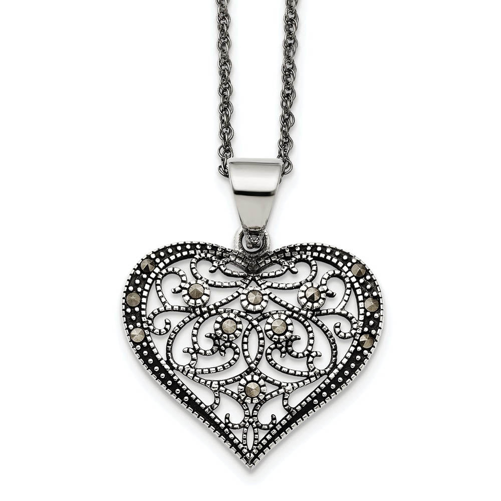 Marcasite Scroll Heart Necklace in Antiqued Stainless Steel, 20 Inch, Item N10372 by The Black Bow Jewelry Co.