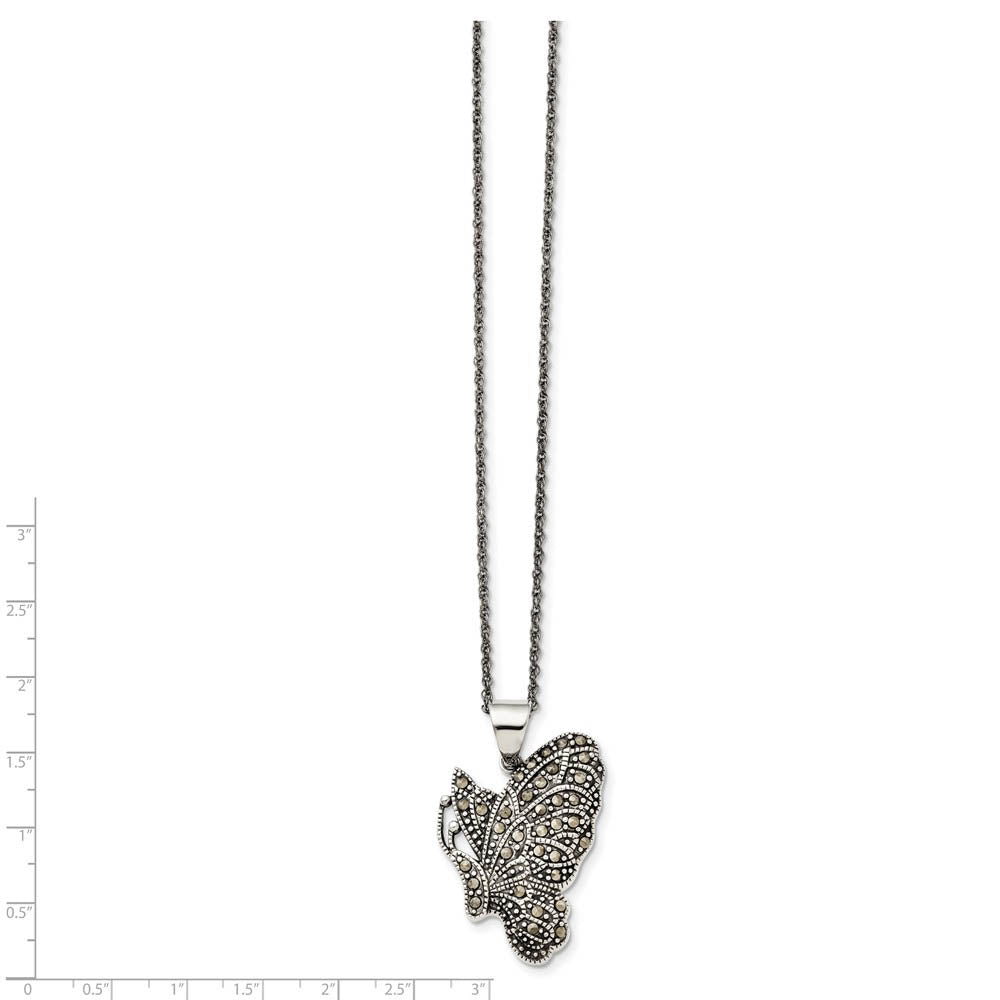 Alternate view of the Marcasite Butterfly Necklace in Antiqued Stainless Steel, 20 Inch by The Black Bow Jewelry Co.