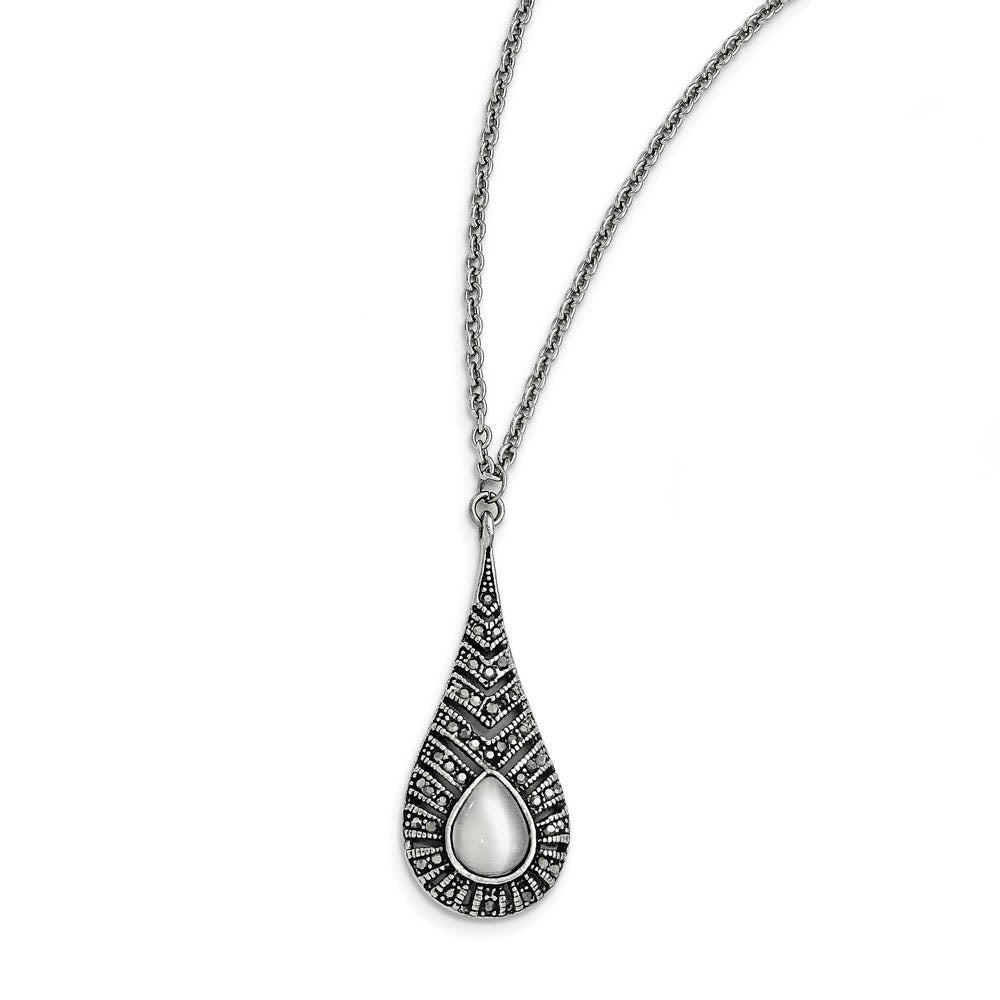 Marcasite & Cat's Eye Teardrop Necklace in Antiqued Stainless Steel, Item N10378 by The Black Bow Jewelry Co.