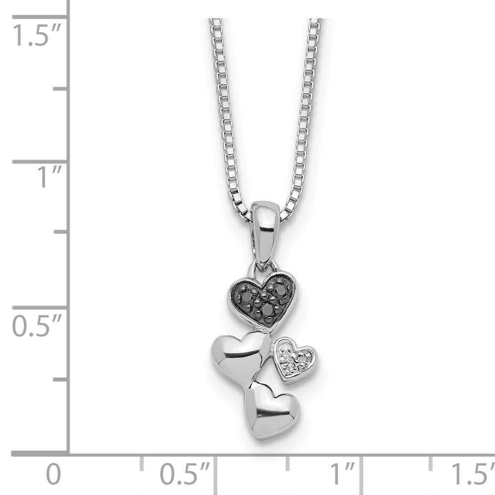 Alternate view of the Black & White Diamond Small Cascading Heart Sterling Silver Necklace by The Black Bow Jewelry Co.