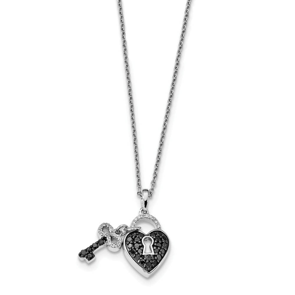 Black & White Diamond Heart Lock & Key Necklace in Sterling Silver, Item N10801 by The Black Bow Jewelry Co.