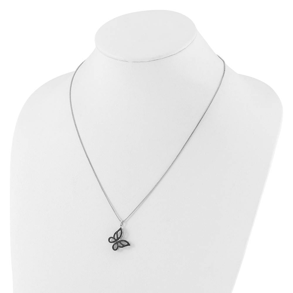 Alternate view of the Black Diamond 21mm Butterfly Rhodium Plated Sterling Silver Necklace by The Black Bow Jewelry Co.