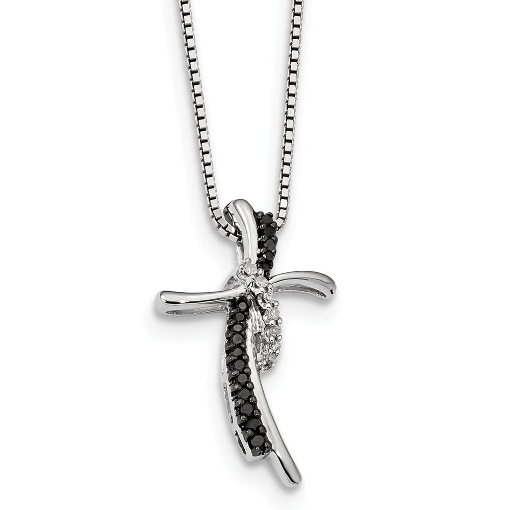 Black & White Diamond Double Crescent Cross Sterling Silver Necklace, Item N10878 by The Black Bow Jewelry Co.
