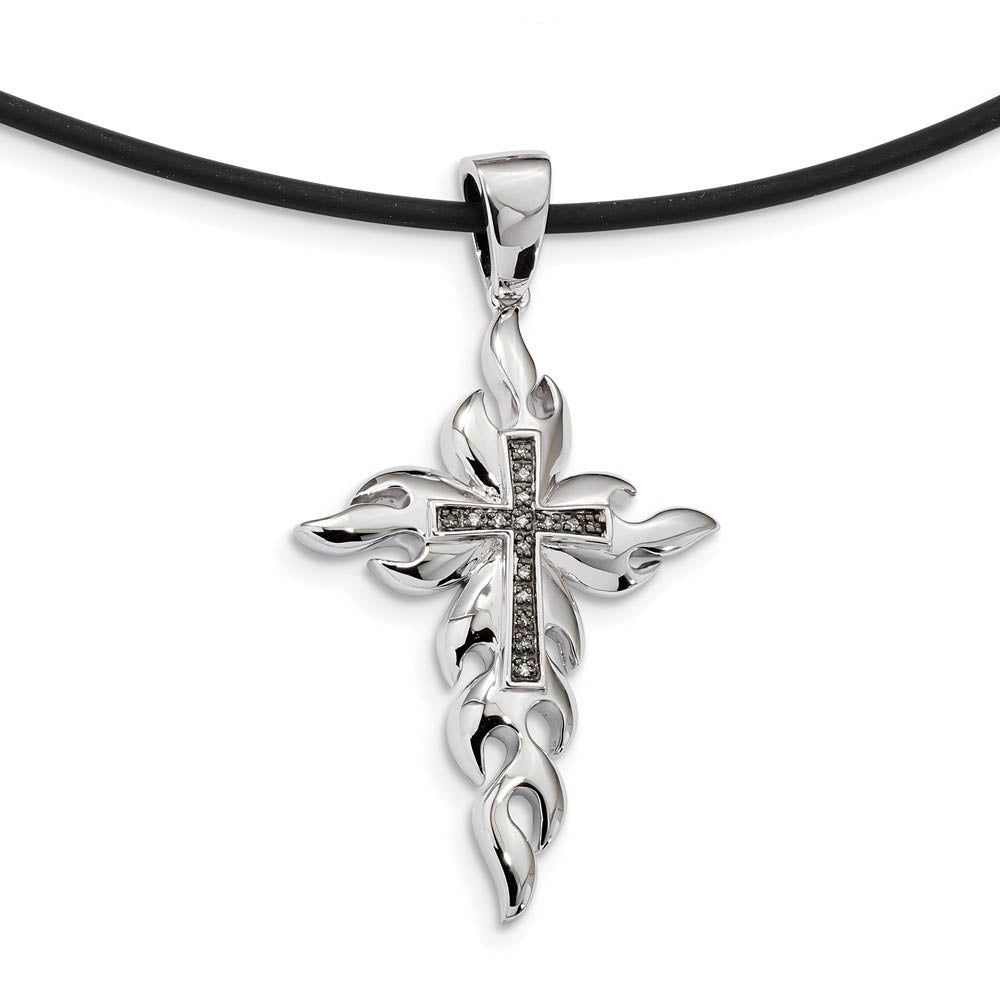 Two Tone Sterling Silver Flaming Diamond Cross & Rubber Cord Necklace, Item N10881 by The Black Bow Jewelry Co.