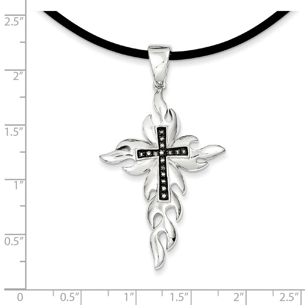 Alternate view of the Two Tone Sterling Silver Flaming Diamond Cross & Rubber Cord Necklace by The Black Bow Jewelry Co.