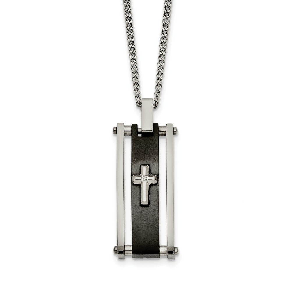 Stainless Steel & Black Plated CZ Cross Rectangle Necklace, 22 Inch, Item N10887 by The Black Bow Jewelry Co.