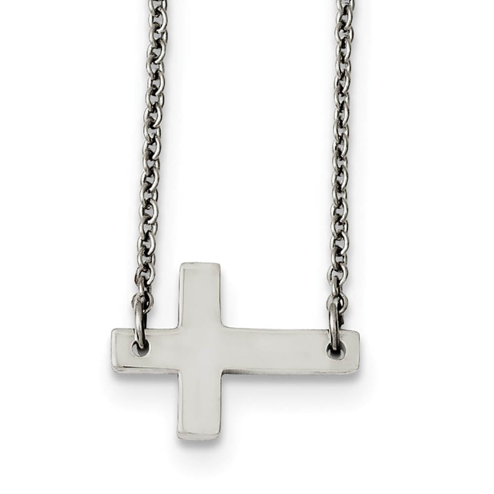 Polished Sideways Latin Cross Necklace in Stainless Steel, 16.75 Inch, Item N10921 by The Black Bow Jewelry Co.