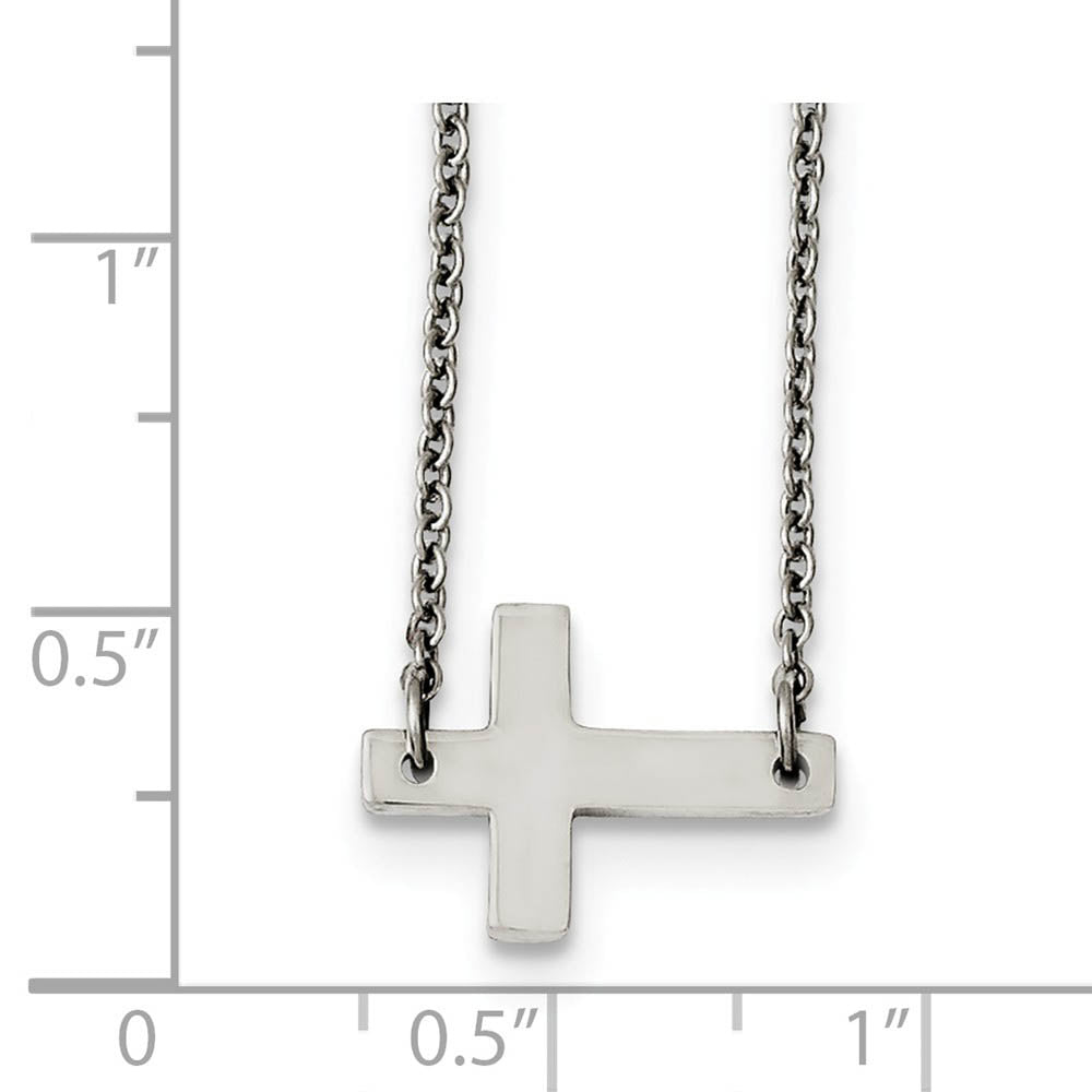 Alternate view of the Polished Sideways Latin Cross Necklace in Stainless Steel, 16.75 Inch by The Black Bow Jewelry Co.