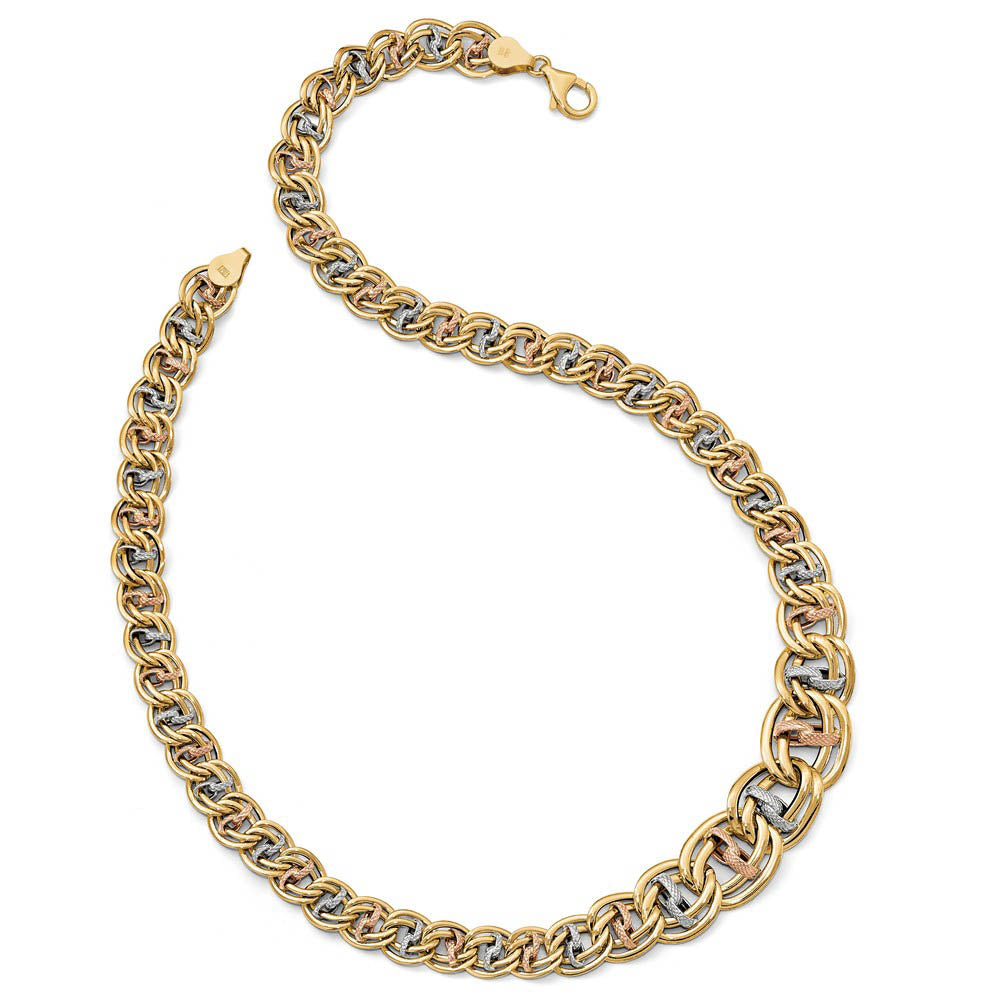 Alternate view of the 14k Tri-Color Gold Polished & Textured Fancy Link Necklace, 18 Inch by The Black Bow Jewelry Co.