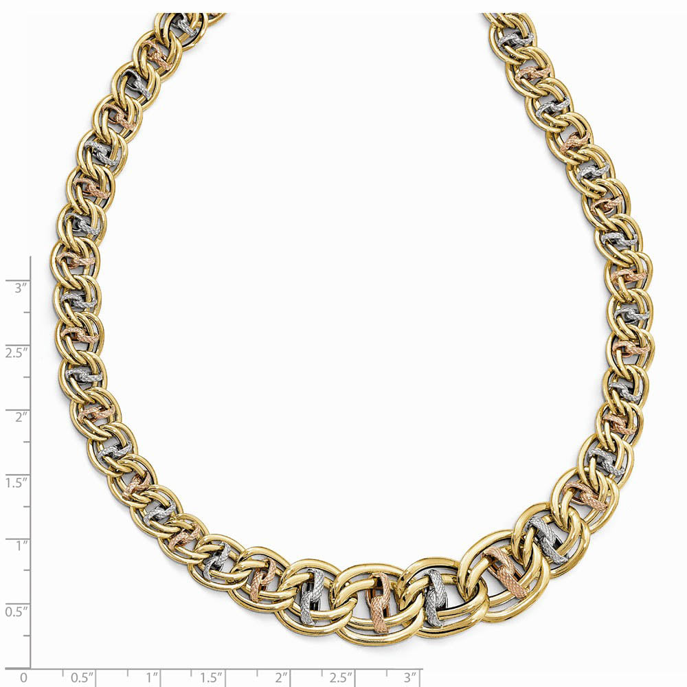 Alternate view of the 14k Tri-Color Gold Polished & Textured Fancy Link Necklace, 18 Inch by The Black Bow Jewelry Co.