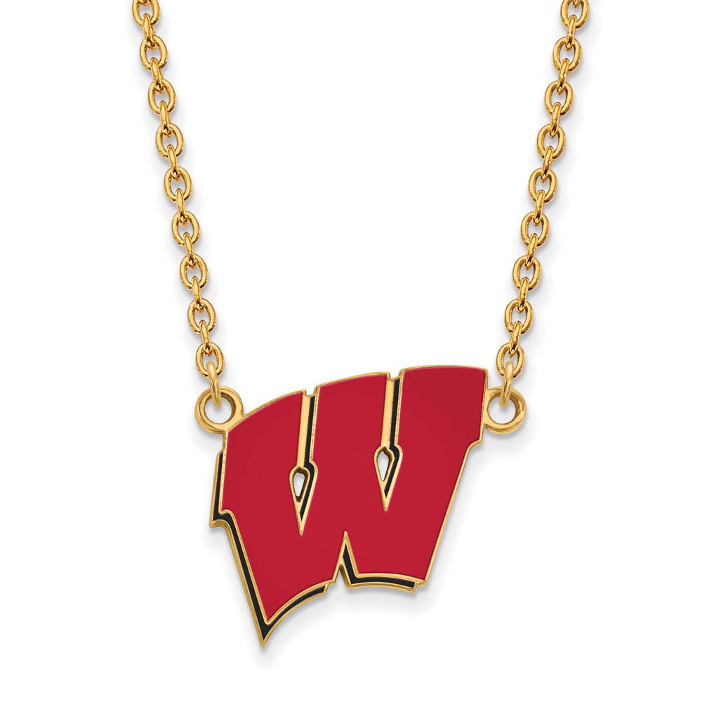 14k Gold Plated Silver U of Wisconsin LG Enamel 'W' Pendant Necklace, Item N11559 by The Black Bow Jewelry Co.