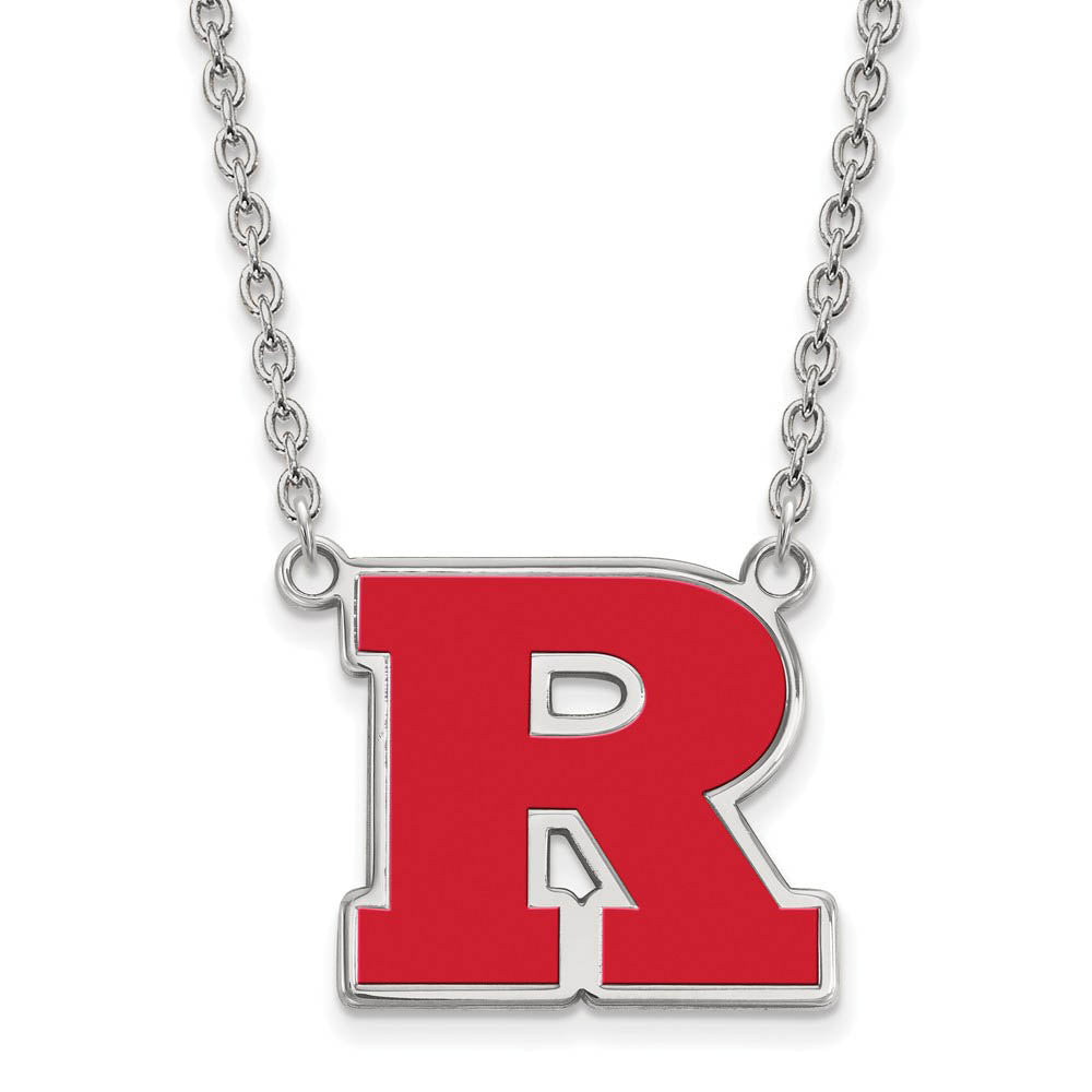 Sterling Silver Rutgers Large Enamel 'R' Pendant Necklace, Item N11574 by The Black Bow Jewelry Co.